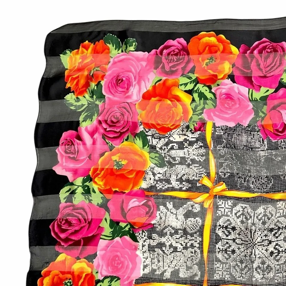 Vintage Nina Ricci Silk Scarf Black with Roses Floral and Lace Print 34x34